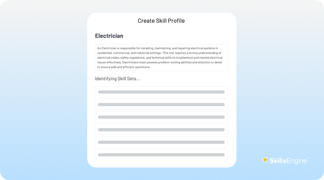 Visual of the new Convert flow showing an Electrician profile and description. On a light blue background with a SkillsEngine logo.