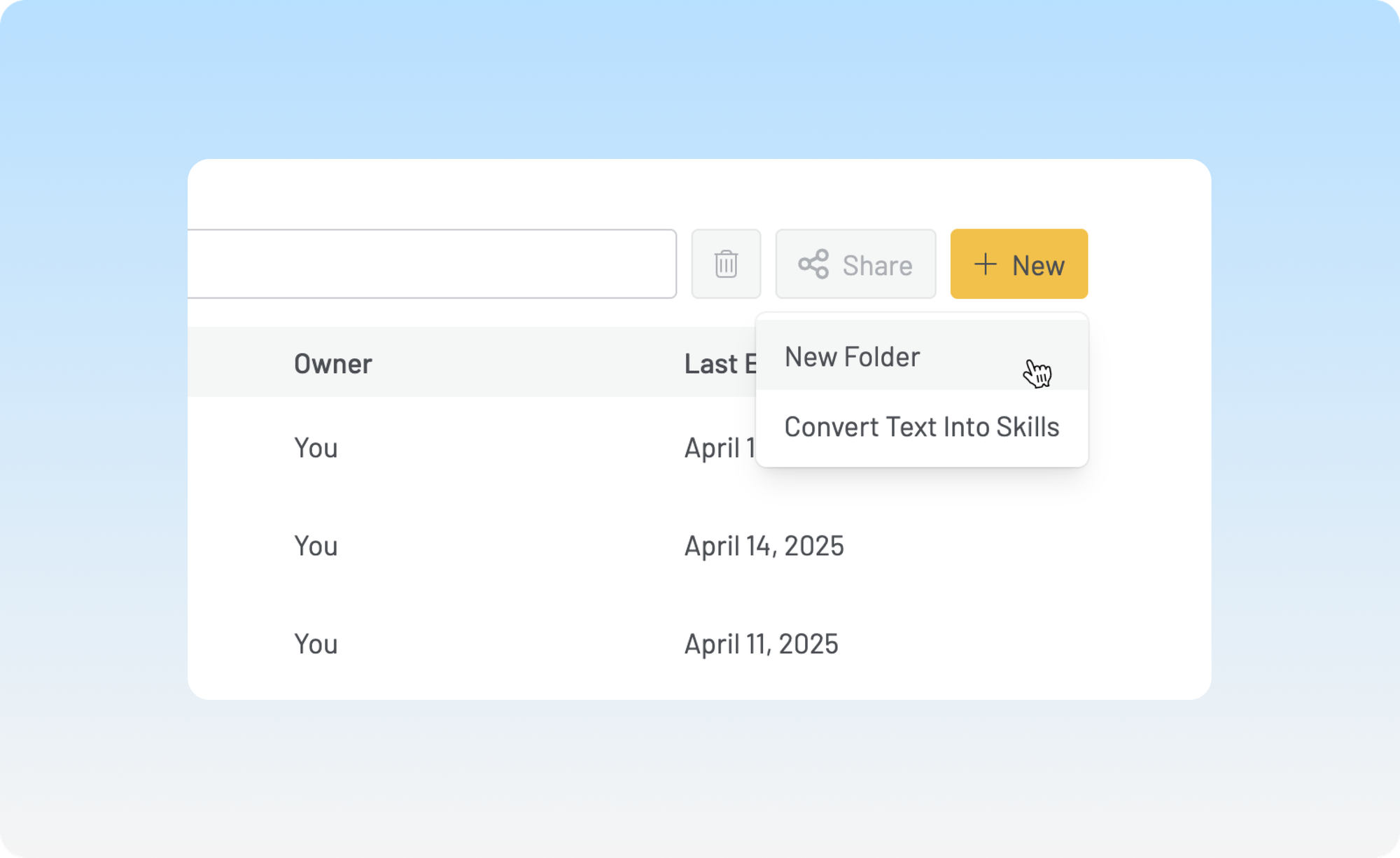 Screenshot of the Profiles page with the "+New" button expanded showing the "New Folder" option.