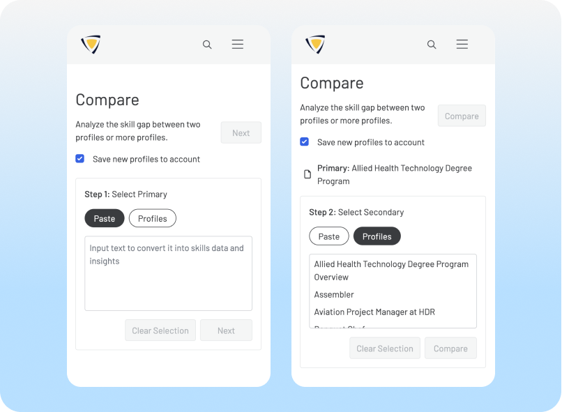 Side-by-Side showing the mobile version of the new Compare flow with the left side showing the paste in text option and the right showing the option to select from a list of your profiles.