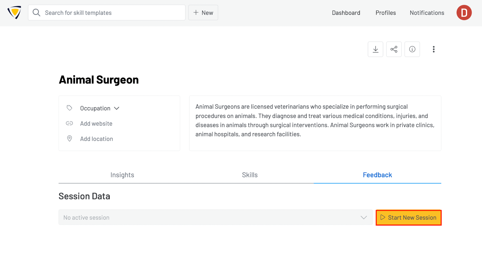 Screenshot of an empty feedback tab with a red box around the "Start New Session" button.