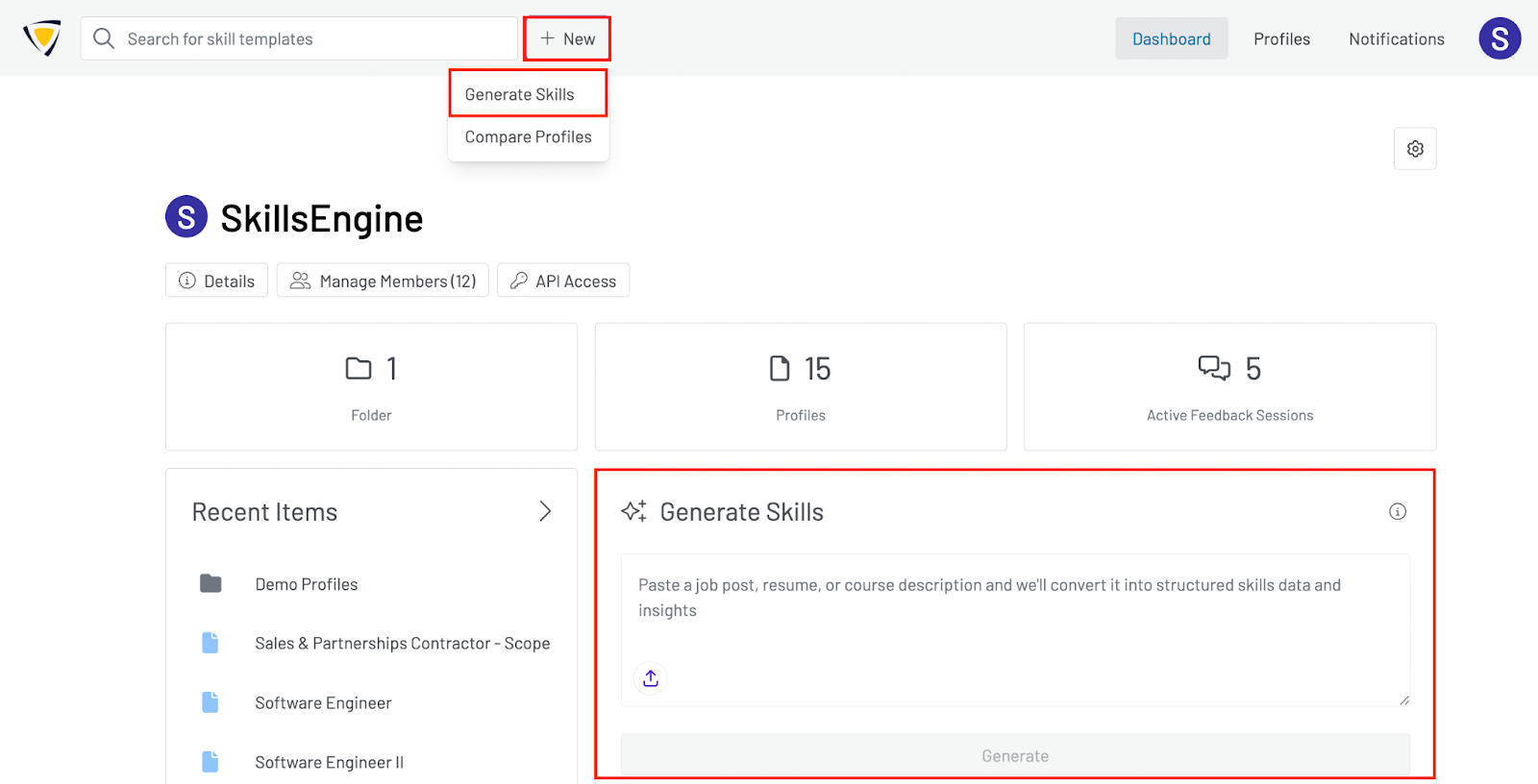 Screenshot of the org dashboard page with the red boxes highlighting the "Generate Skills" menu opened up via the "Tools" button from the top navbar and the "Generate Skills" on the page as well.