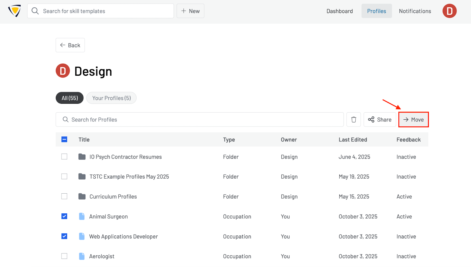 Screenshot of a red box highlighting the Move button to move profiles into folders