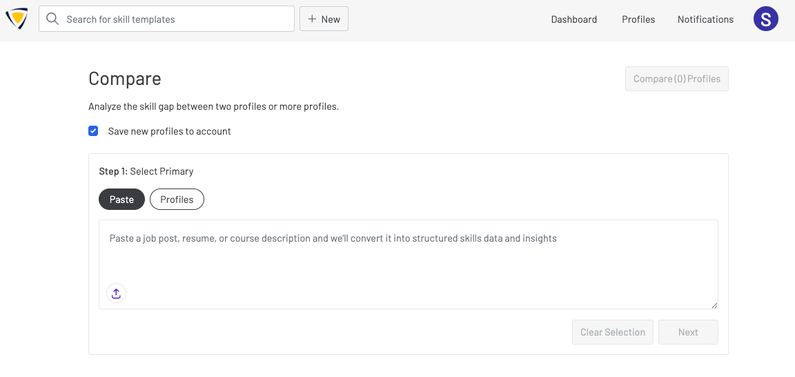 Screenshot of the first step of the Compare Profiles flow.