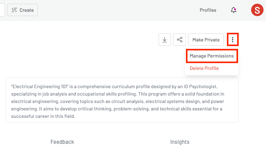 Screenshot of the 3 dot menu on the top right of the profile to open a dropdown to manage permissions.