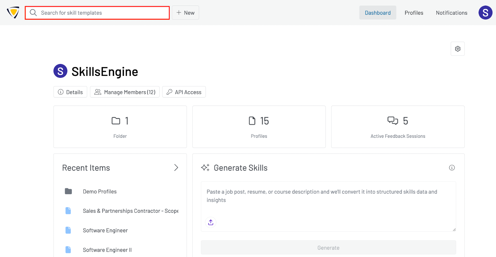 Screenshot of the dashboard page with a red box around the search bar at the top