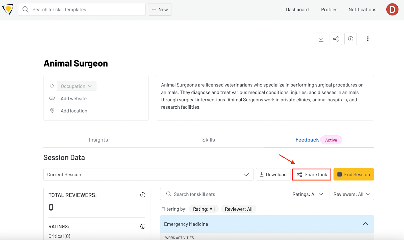 Screenshot of the Feedback Tab with an active session with a red box showing where to click to copy the Share Link.