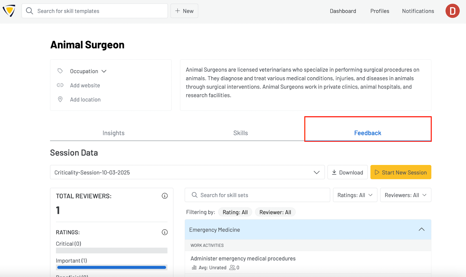 Screenshot of a skill profile with a red box showing where to click to open the Feedback Tab.