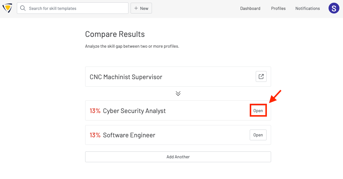 Screenshot of the Compare Results page. The "Open" button is highlighted with a red box. This will lead the user to the Compare Report page.