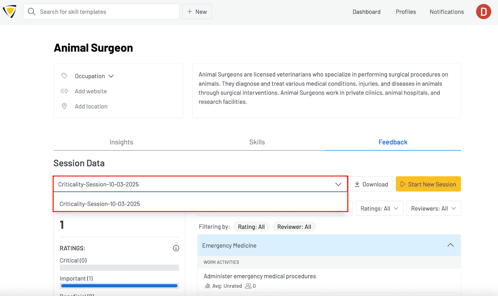 Screenshot of the Feedback Tab with a red box around the drop down menu for selecting different review sessions run on the profile.