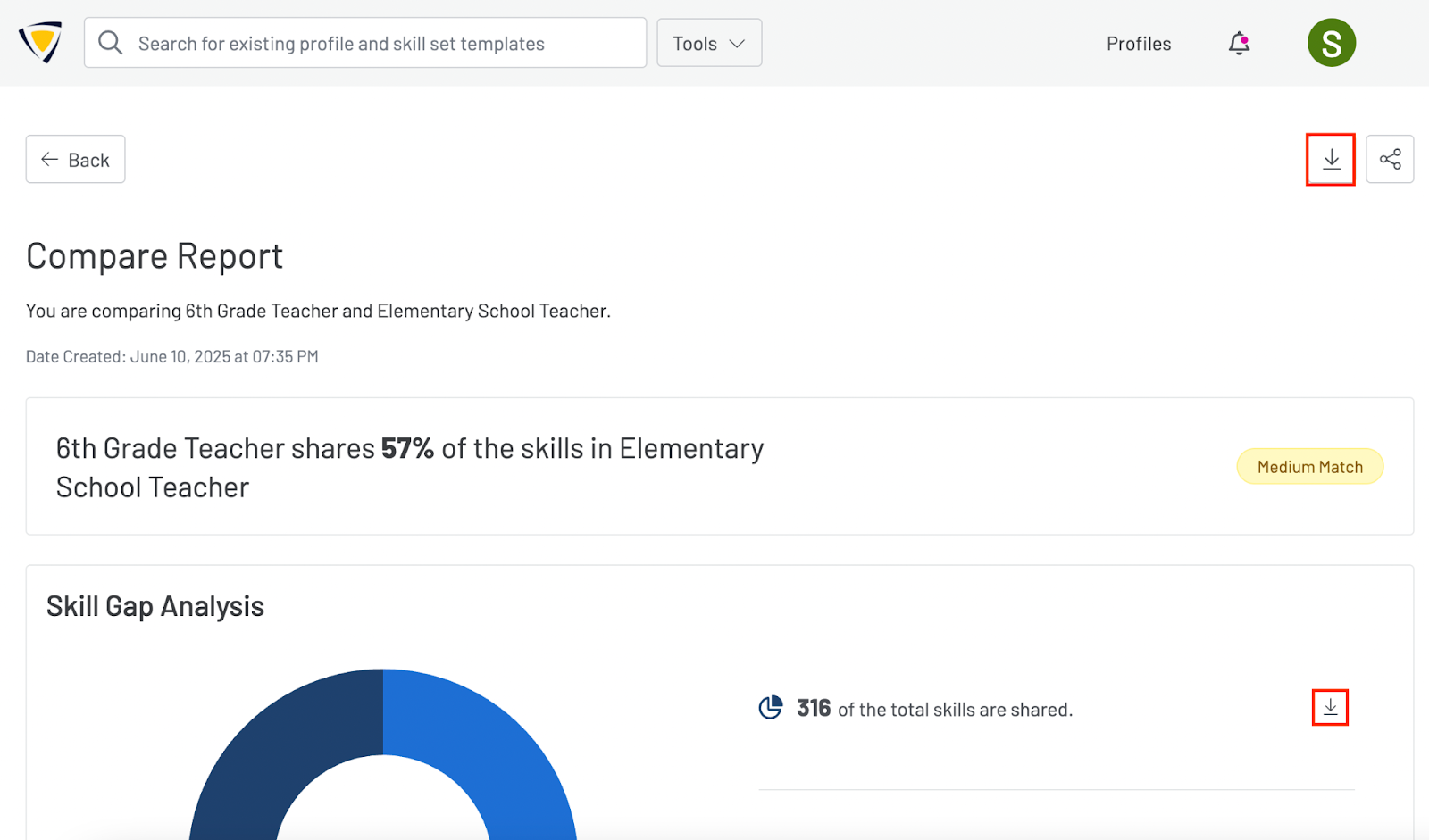 A screenshot of the Compare Report page. Two red boxes highlight where to click in order to download the report.