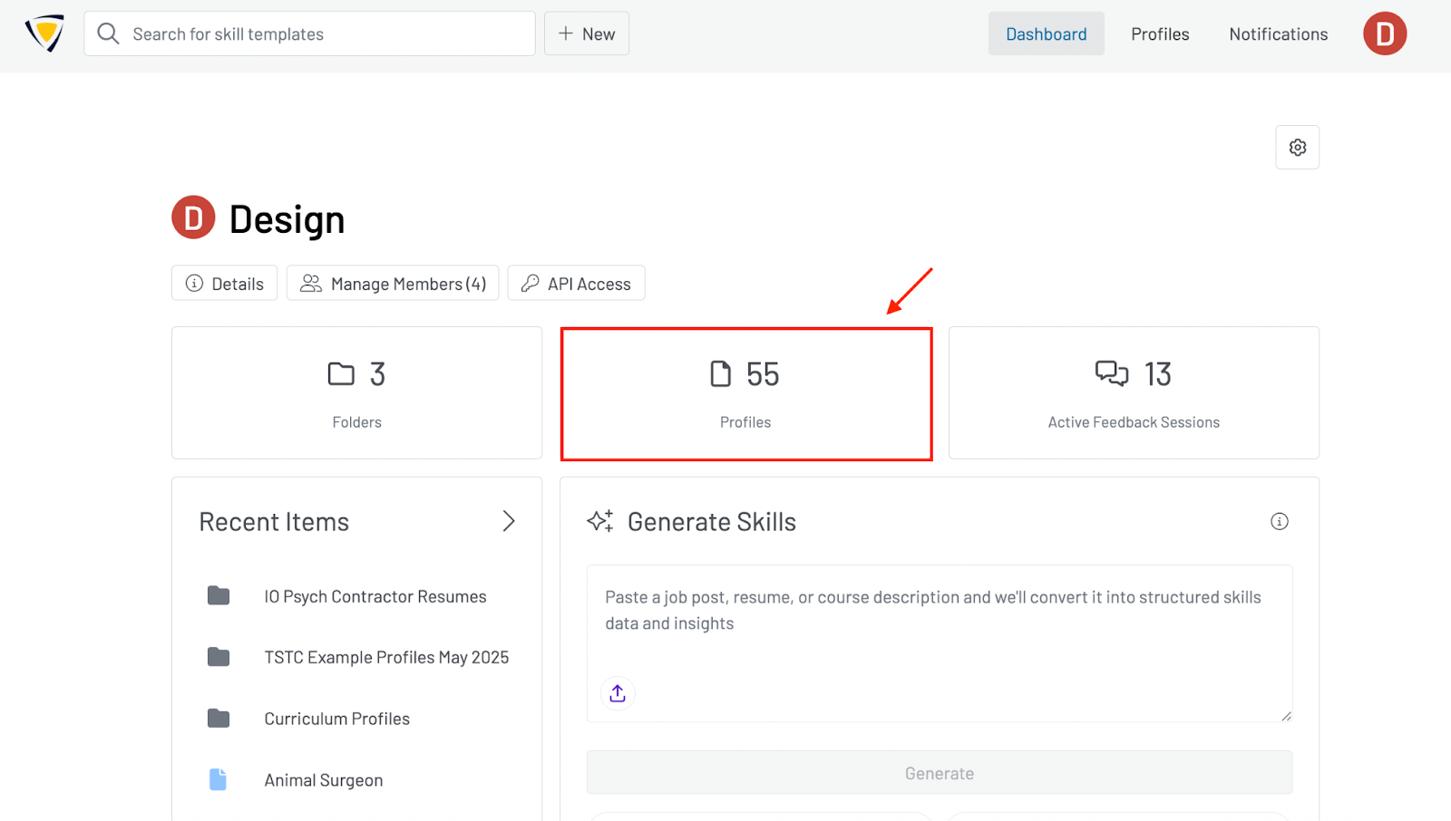 Screenshot of the organization dashboard page with a red box highlighting where to navigate for the Profiles section