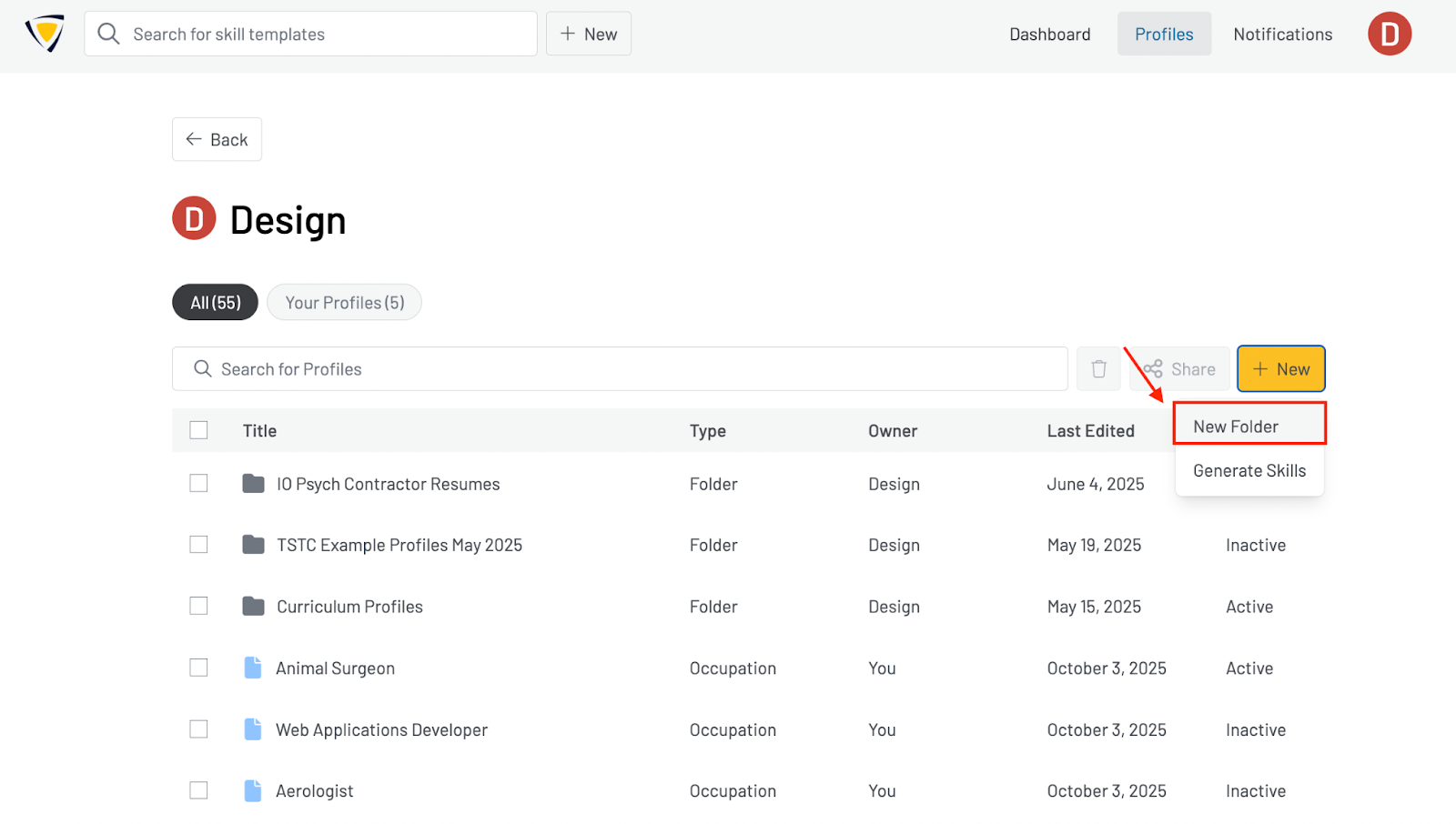 Screenshot of the Profiles page with a red box highlighting where to click to create a new folder