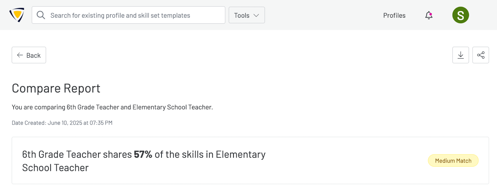 Screenshot of the top of the Compare Report where you will see a match overview.