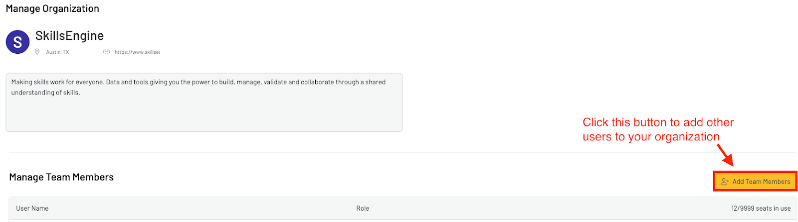 Screenshot of the Manage Organization page with a red box around the "Invite Users" button. Click this button to add other users to your organization.
