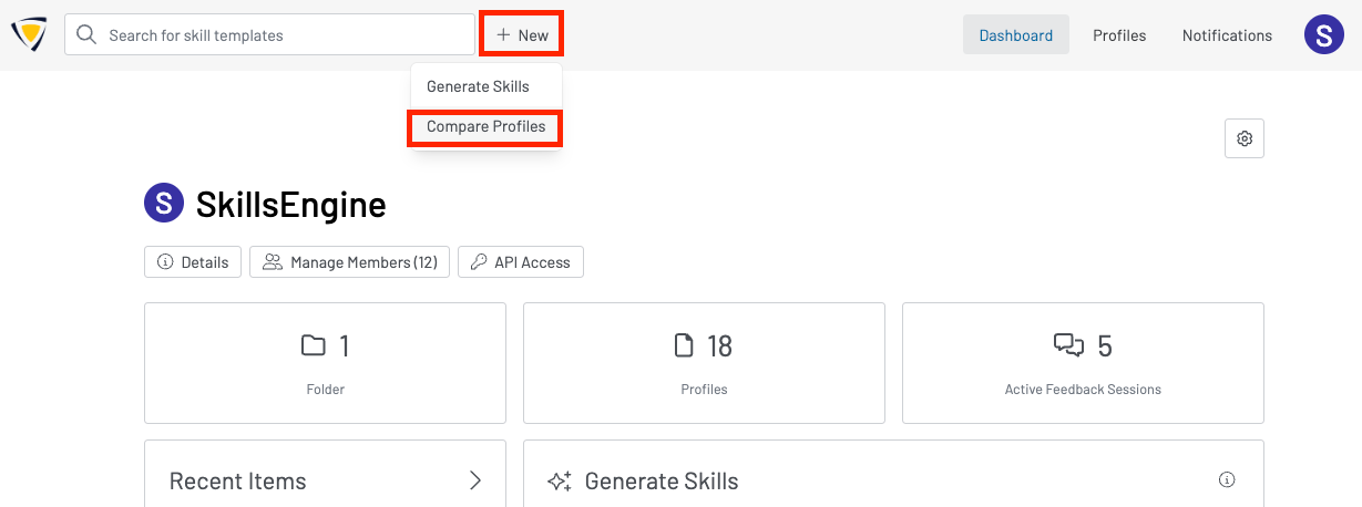Screenshot of the org dashboard page. A red box highlights the "New" button in the nav bar. Another red box highlights the "Compare Profiles" button from the drop-down menu.