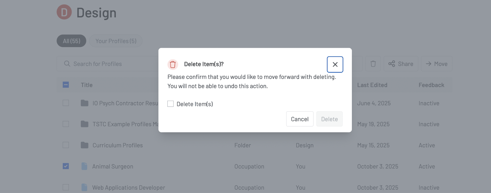 Screenshot of the modal that pops up when user clicks on the trash icon to remove profiles