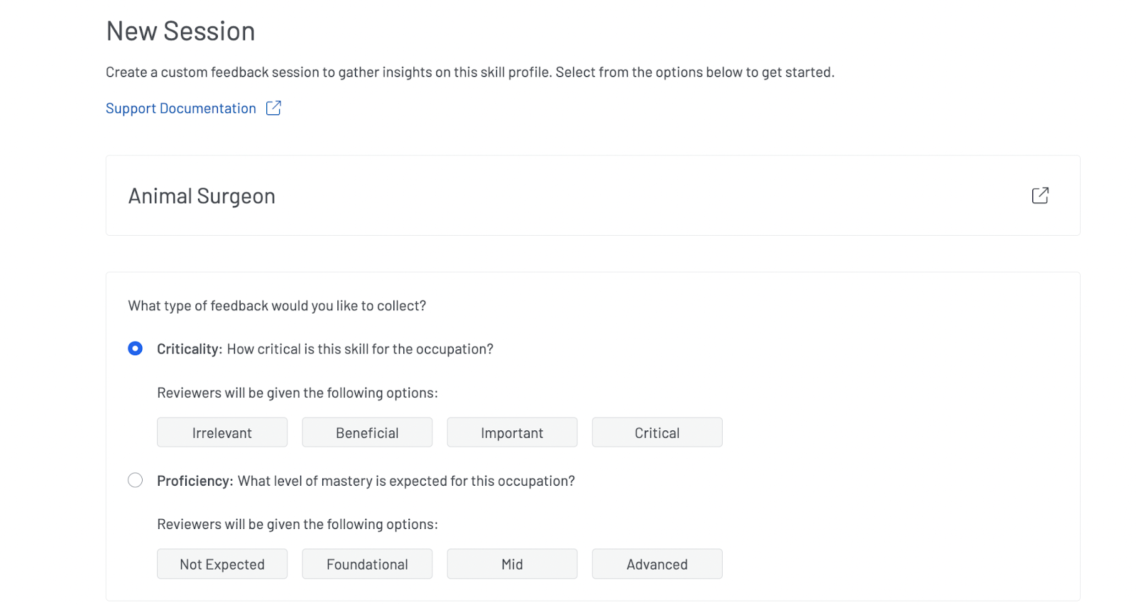 Screenshot of a page asking the user to select which feedback type they want validated in the feedback session.
