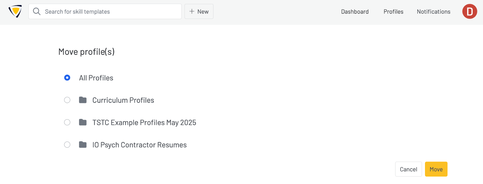 Screenshot of the Move Profiles page to move profiles out of a folder