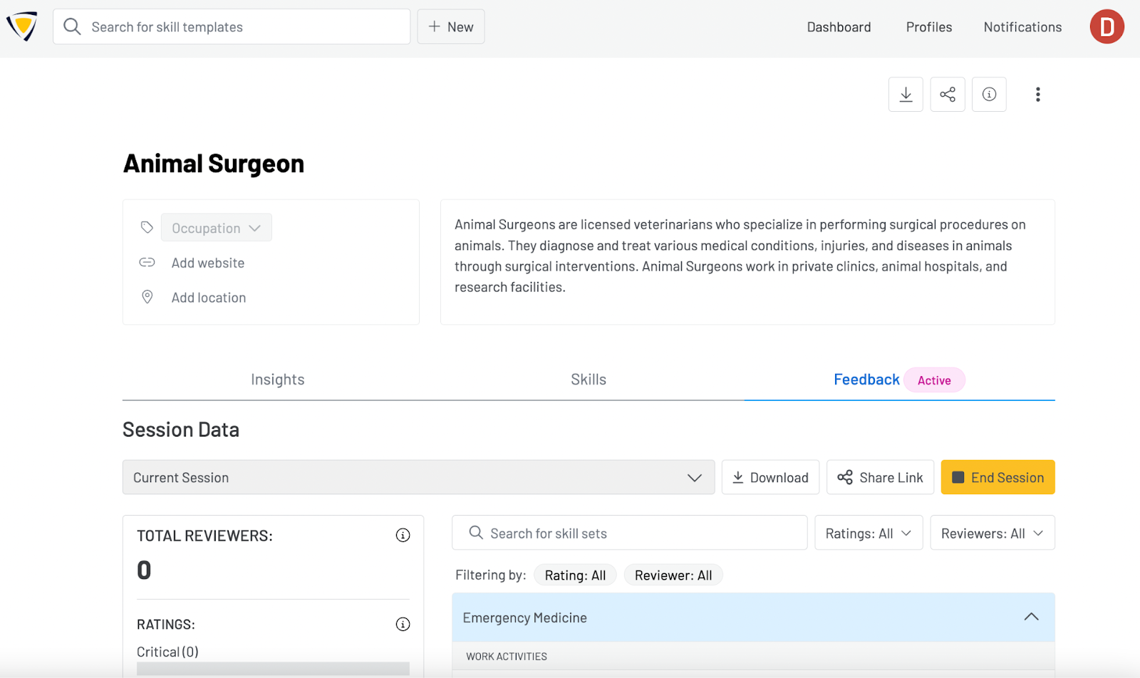 Screenshot of the Feedback tab showing the total number of reviewers and average ratings on the left and the average reviews for the first several skills on the right.