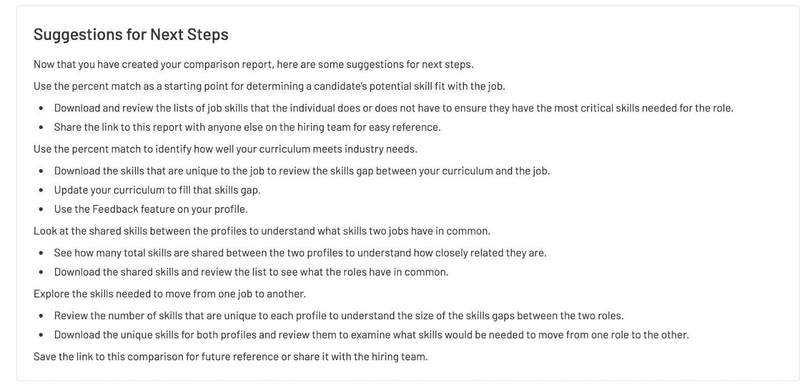 Screenshot of the Suggestions for Next Steps section in the Compare Report.