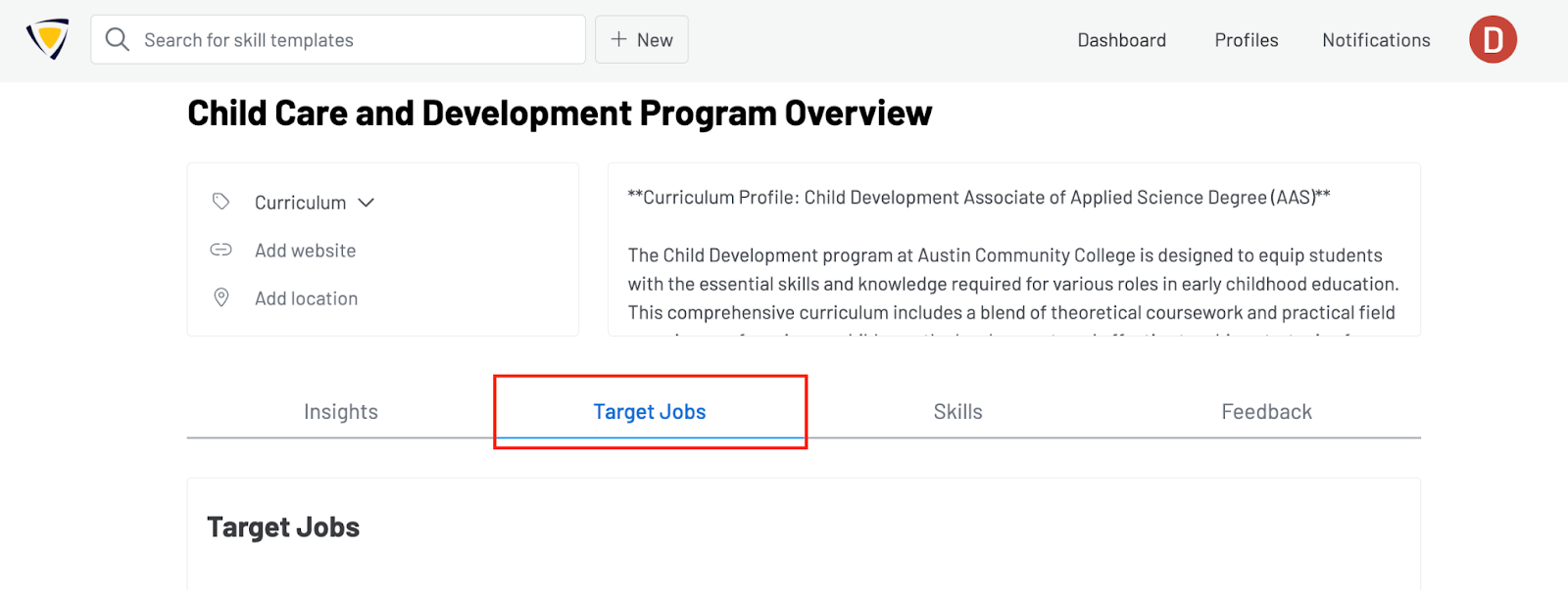 Screenshot of a curriculum profile with the Target Jobs tab highlighted with a red box