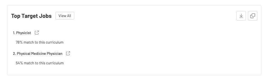 Screenshot of the Top Target Jobs module in the Insights Tab of a curriculum or credential profile.