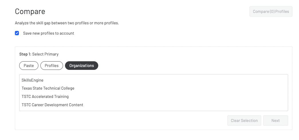 Screenshot of the first step of the Compare Profiles flow. 