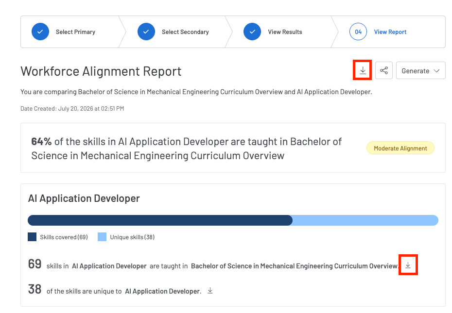 A screenshot of the Compare Report page. Two red boxes highlight where to click in order to download the report.