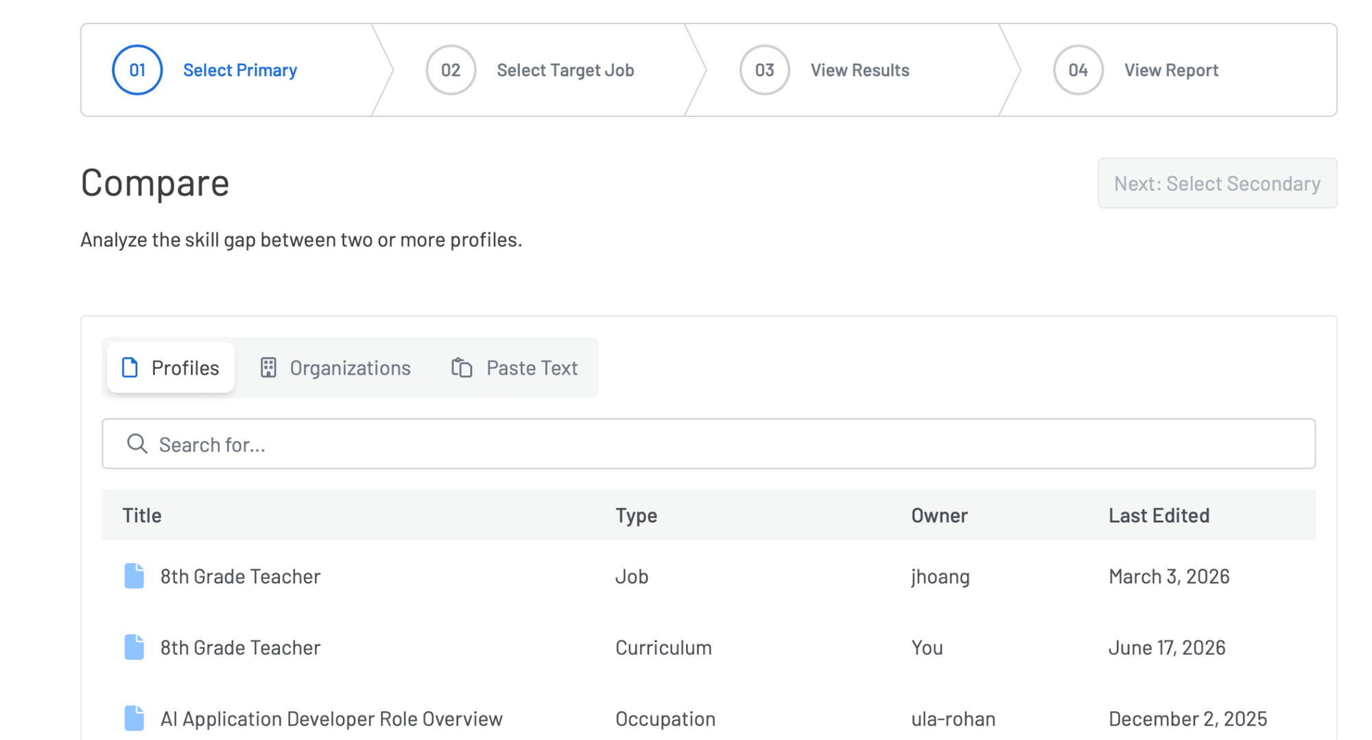 Screenshot of the first step of the Compare Profiles flow. 