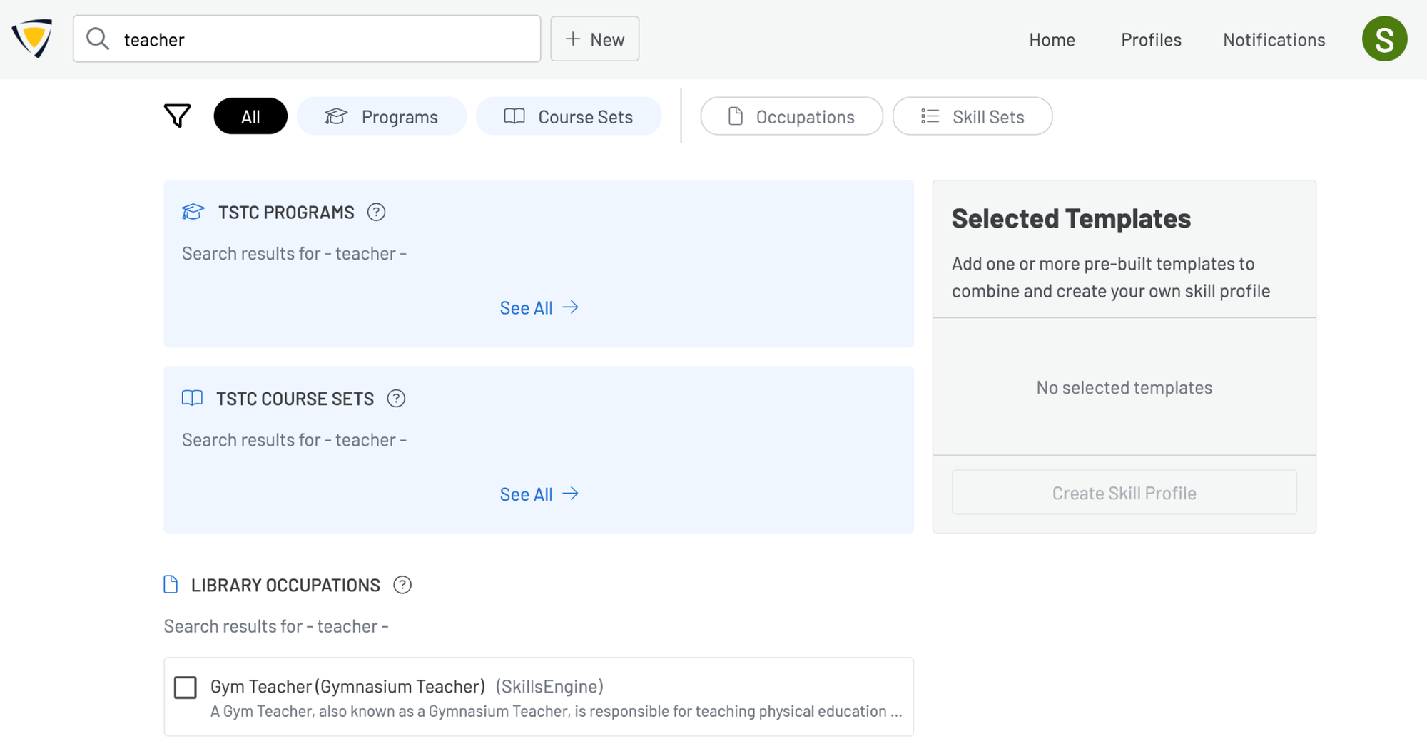 Screenshot of the template profiles after a user searches a keyword